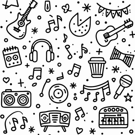 Doodle illustration of music and party elements in black and whiteのイラスト素材
