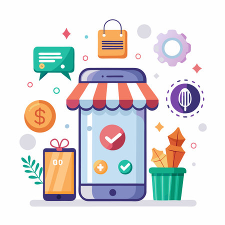 Mobile shopping screen with awning, coin, gift, chat, gear, pot, and leaf iconsのイラスト素材