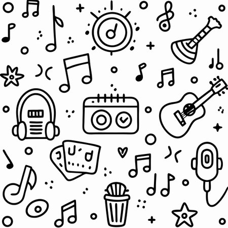 Musical doodle icons. Guitars, jukebox, notes, microphone, radio, and popcorn illustrationのイラスト素材