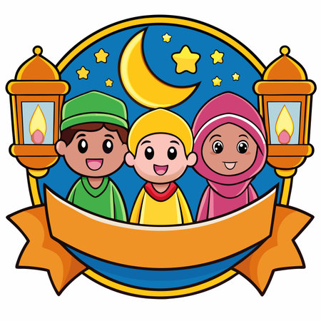 Cartoon of three children celebrating under a crescent moon and stars, framed with lanternsのイラスト素材