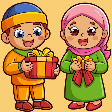 Cartoon kids smiling and holding gifts, one in a cap, one in a hijab, against a beige backdropのイラスト素材