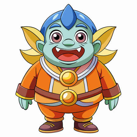 Cartoon character smiles with fangs, wearing orange clothes and blue hair, on whiteのイラスト素材