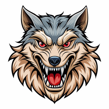 Fierce wolf head illustration with sharp teeth and red eyes, expressive and detailedのイラスト素材