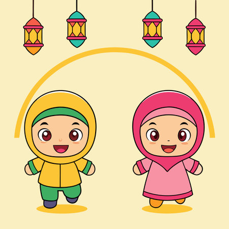 Cartoon kids in hijabs smile under hanging lanterns, celebrating a holidayのイラスト素材