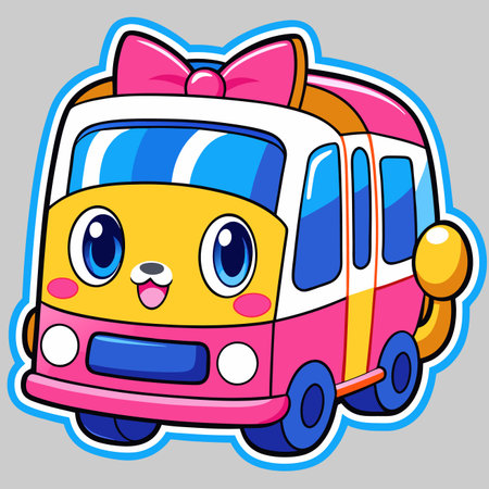 Cartoonish bus with cute animal face, big eyes, pink bow, and outlined in bright blueのイラスト素材