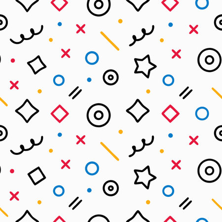 Playful pattern featuring geometric shapes in black, red, blue, and yellow on a white background