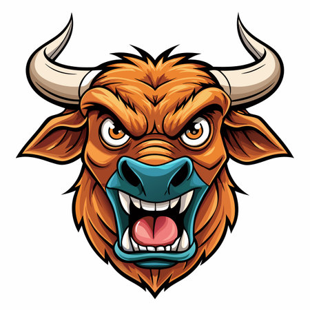 Cartoon illustration of an angry bull head with large horns and sharp teethのイラスト素材