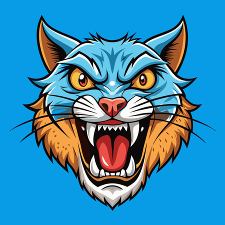 Cartoon feline with sharp teeth &amp; orange mane on a blue backgroundのイラスト素材
