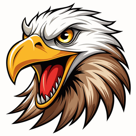 Eagle head illustration. Detailed feathers, strong beak, and sharp eyes. Red mouth. Intense expressionのイラスト素材
