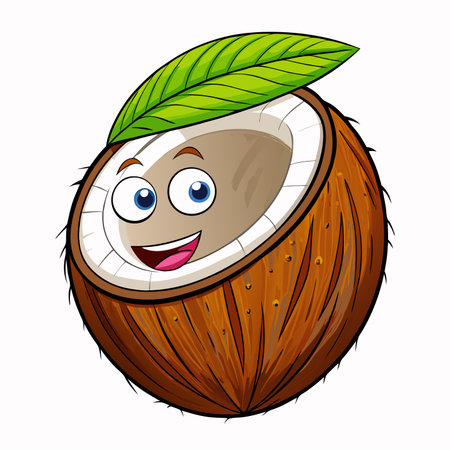 Smiling coconut with leaf. Cartoon illustration. Fruit halved and happyのイラスト素材