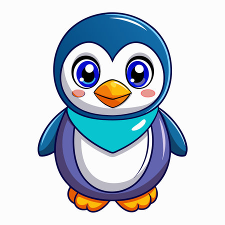 Cartoon penguin with a teal scarf and big, bright eyes, standing on its orange feetのイラスト素材