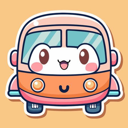 Cartoonish, cute vehicle, friendly expression, peach and pink color scheme, on beige backgroundのイラスト素材