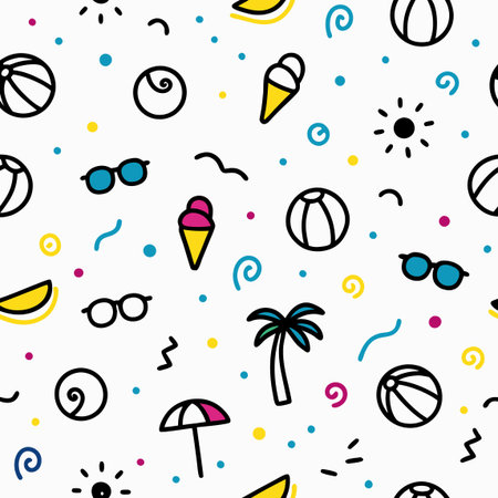 Summer icons. Beach balls, shades, ice cream, palm tree, on white background with colorful dots