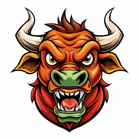 Cartoon depiction of an angry bull head with big horns and glaring eyesのイラスト素材