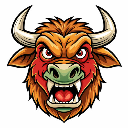 Cartoon bull head with visible teeth and horns, angry expression, on a white backgroundのイラスト素材