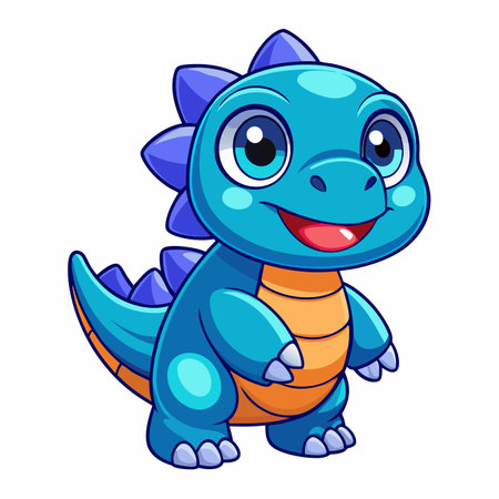 Cartoon dinosaur with blue scales, purple plates, big eyes, orange belly, and smileのイラスト素材