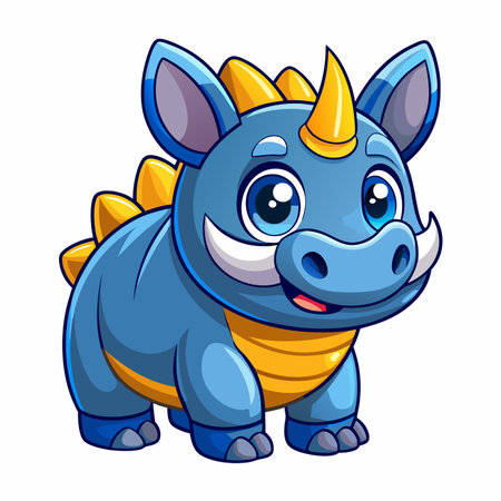 Cartoonish, light blue dinosaur with yellow spines and horn, isolated on white. Cuteのイラスト素材