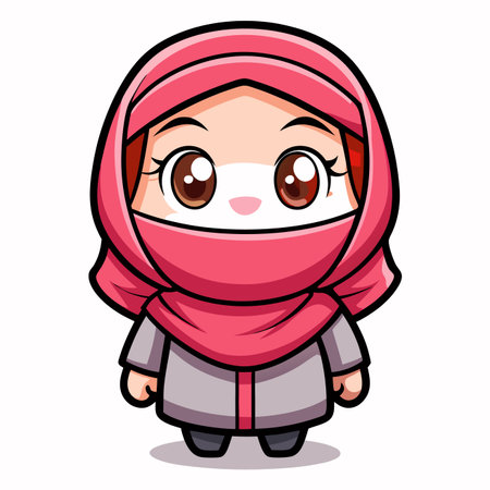 Cartoon woman wearing a pink headscarf and grey coat. Big eyes. Cute and friendlyのイラスト素材