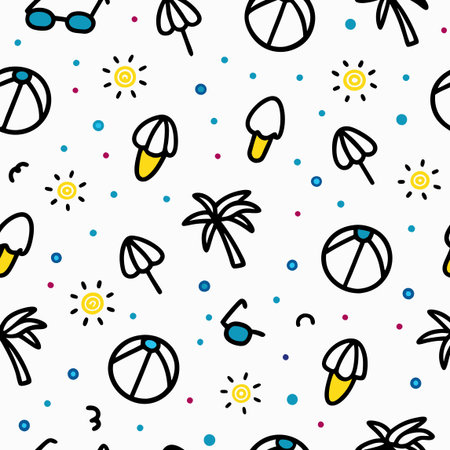 Summer themed, seamless pattern with palm trees, beach balls, ice cream, umbrellas, sunglasses, and...