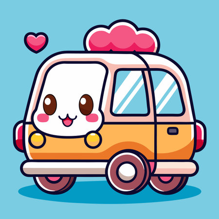 Cute cartoon car with smiling face, pink cloud and heart on a light blue backgroundのイラスト素材