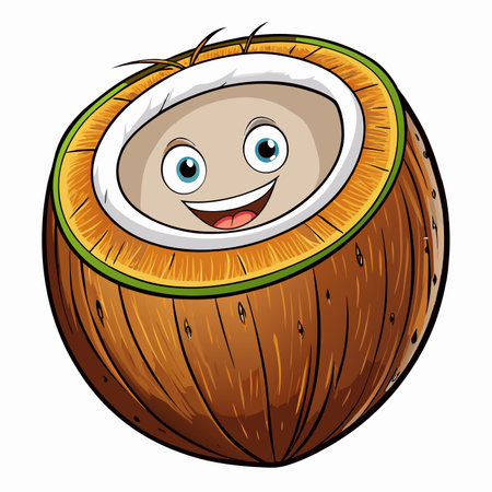 Cartoon coconut Happy, half-opened fruit with a smiling faceのイラスト素材