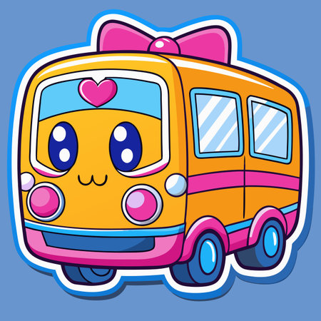 Adorable yellow bus with pink accents, bow, and heart. Big, cute eyes give it a whimsical lookのイラスト素材