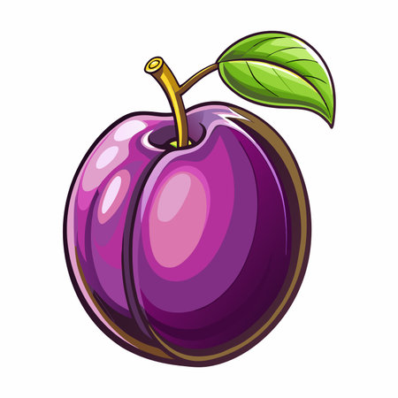 Glossy, cartoon plum with stem and leaf, purple fruit with highlightsのイラスト素材