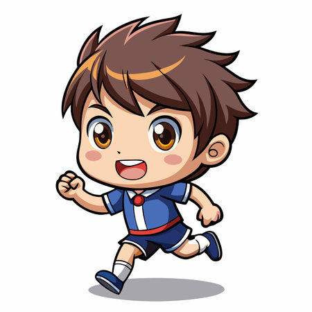 Cartoon boy in blue sports outfit, running forward with a happy smileのイラスト素材