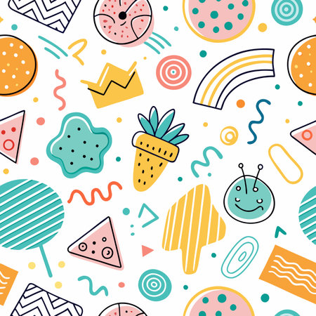 Colorful playful seamless pattern with geometric shapes, fruits, and smileys on a white background