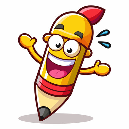 Happy yellow pencil character with red accent, smiling and waving arms, isolated on whiteのイラスト素材