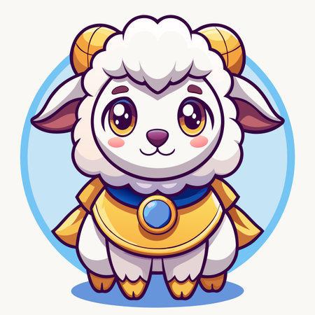 Cute cartoon lamb with big eyes and gold armor, against a soft blue circle backdropのイラスト素材