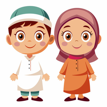 Cartoon of Muslim boy and girl in traditional clothingのイラスト素材