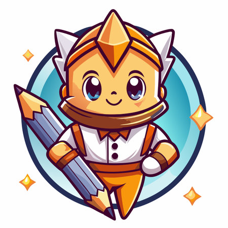 Cute cartoon character with a pencil in front of a circle with some stars around itのイラスト素材