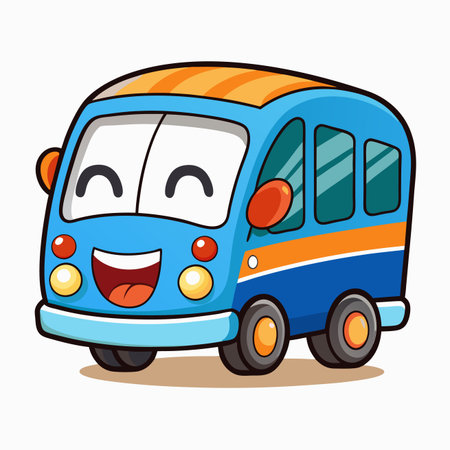 Cartoon bus. Blue vehicle with happy face, orange stripes and wheelsのイラスト素材