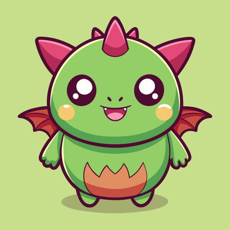 Cute cartoon dragon with big eyes and small wings, green body, red accentsのイラスト素材