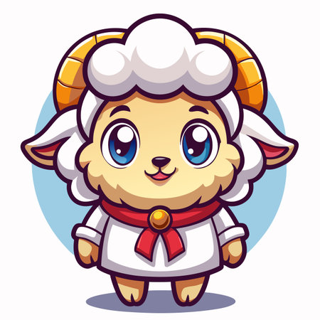 Cartoonish sheep with gold horns, white fleece, red bow tie, and blue backgroundのイラスト素材