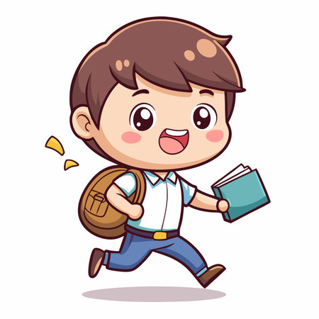 Boy running with backpack and book. Cartoon style. Happyのイラスト素材