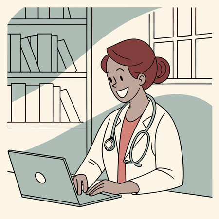 Professional woman in lab coat working on a laptop with books and a window behindのイラスト素材