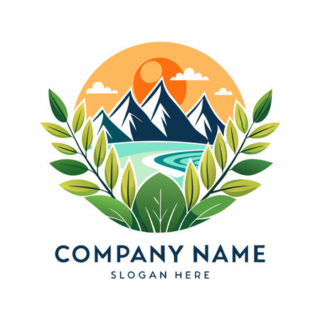 Mountain peaks, river, sun and green leaves in a circular frame, colorful and nature-themedのイラスト素材