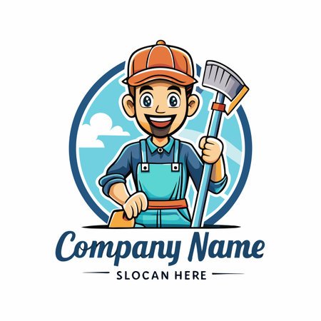 Cartoon man in uniform with cleaning tool, sky backdrop, blue outlinesのイラスト素材