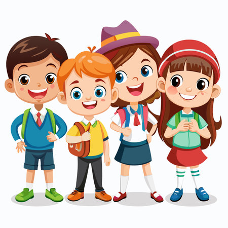 Cartoon Four smiling school children with backpacks. Cheerful, colorful illustrationのイラスト素材
