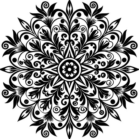 Ornate floral mandala. Black and white symmetrical design with leafy flourishesのイラスト素材