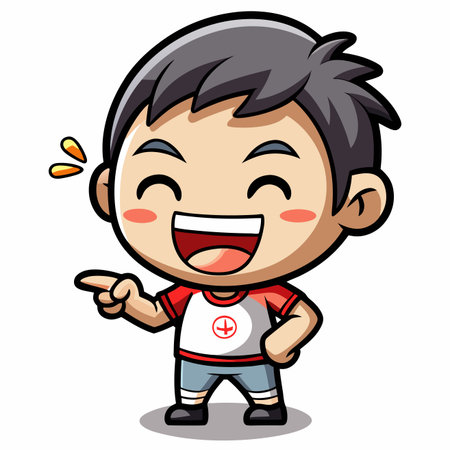 Cartoon boy laughing, pointing with joyful expression, wearing a red and white shirtのイラスト素材