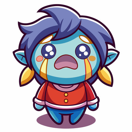 Crying cartoon creature with blue skin, big eyes, and red shirtのイラスト素材