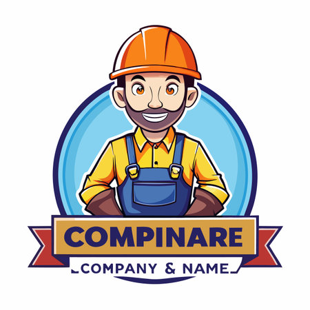 Cartoon construction worker with hardhat, in overalls, and circle backdropのイラスト素材