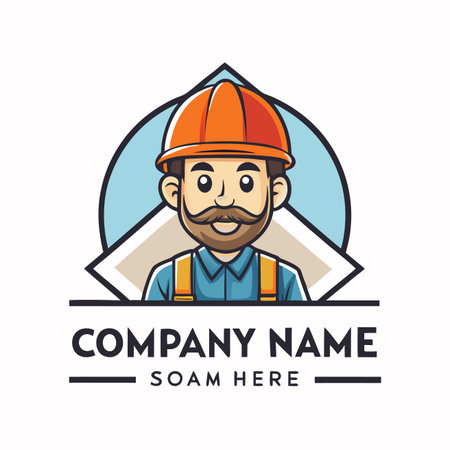 Cartoon tradesman with helmet, mustache, and overalls against geometric backgroundのイラスト素材