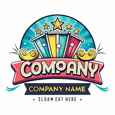 Colorful tent-themed logo with stars and banners. Bright, cheerful, and inviting designのイラスト素材