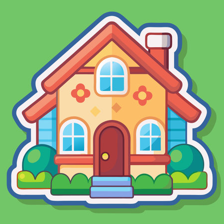 Cute sticker house with red roof, beige walls, and blue trim. Simpleのイラスト素材