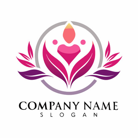 Colorful emblem stylized figure within circle, surrounded by petals, leaves and dotsのイラスト素材