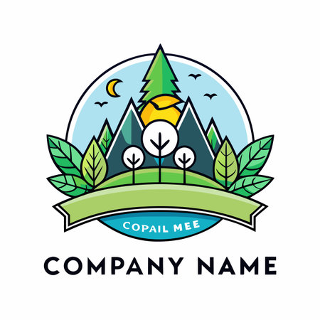Mountains, sun, and trees in a simple, bright, circular logo. Green banner belowのイラスト素材
